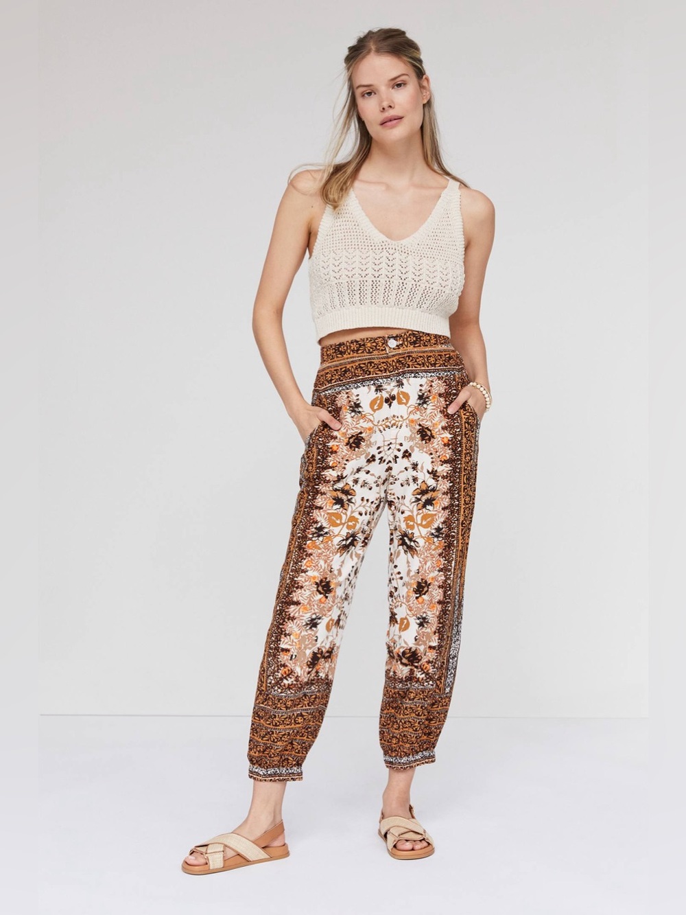 By Anthropologie Printed Linen Blend Boho Joggers - Moroccan Print US 6